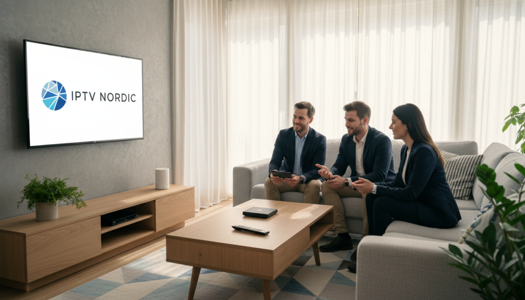 Modern living room with people watching IPTV Nordic on a smart TV with high-quality streaming