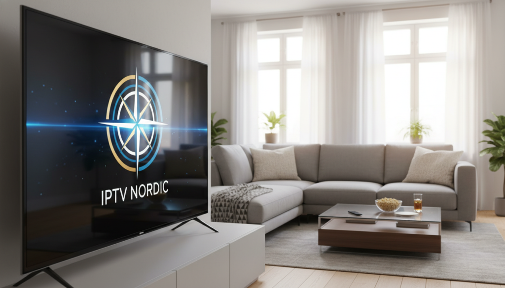 IPTV Nordic streaming service on a smart TV in a modern living room with high-quality display